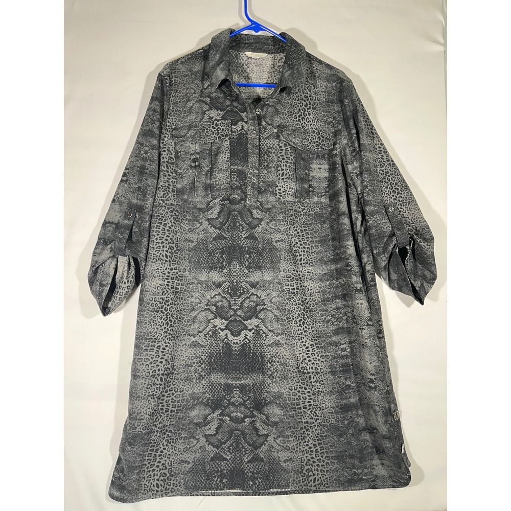 EST 1946 Women‎ Snake  Print Button Shirt Dress Roll Tab Sleeve Pocket Gray XL